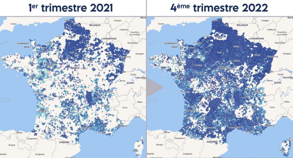 Évolution du déploiement en fibre optique (FttH) du 1er trimestre 2021 au 4ème trimestre 2022